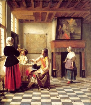  Drinking Painting - A Woman Drinking with Two Men and a Serving Woman genre Pieter de Hooch